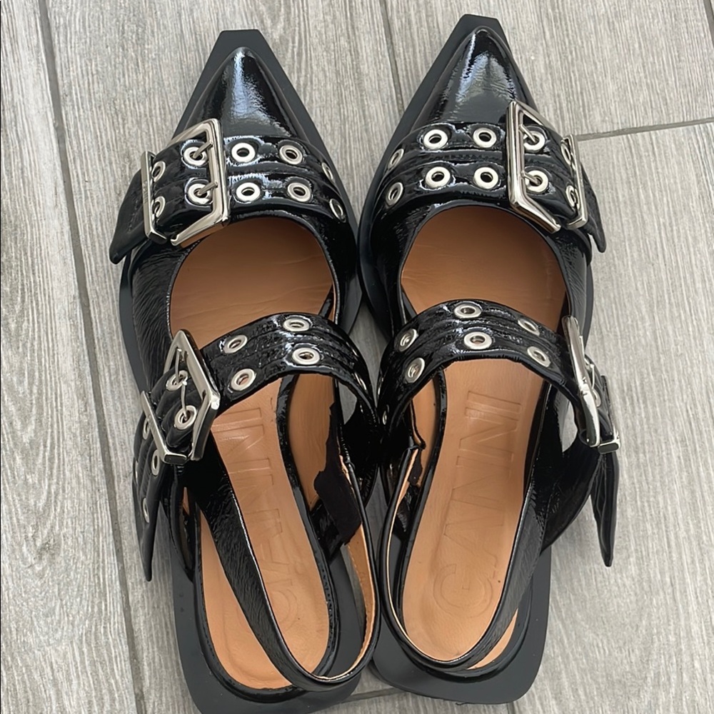 Ganni Black Patent Leather Flats with Buckle Detail